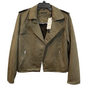 Tahari Women's L Faux‎ Leather Suede Moto Jacket Blazer Moss Olive Green New